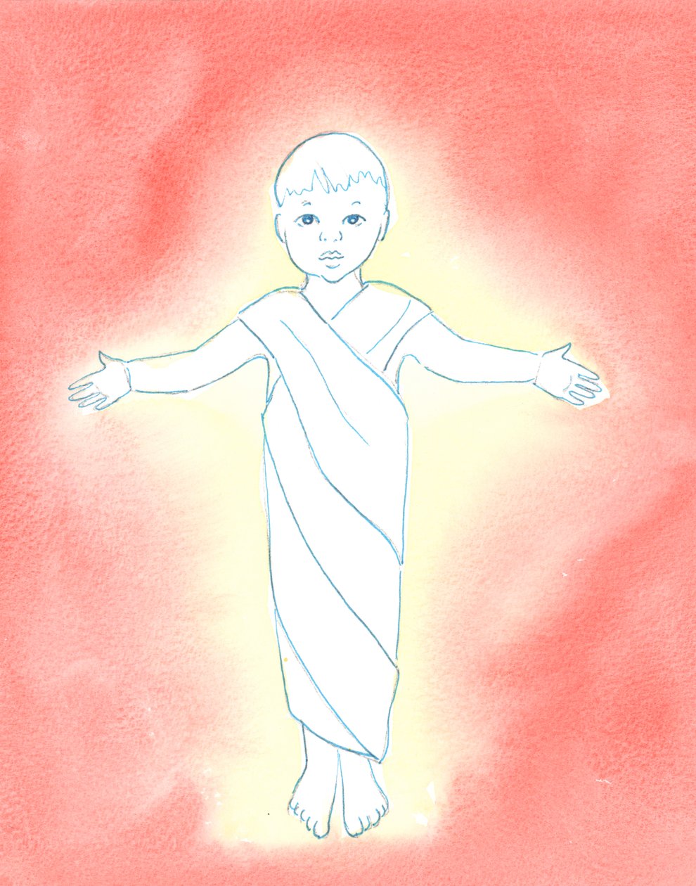 Jesus Kristus er sand Gud, som påtog sig vores menneskelige natur og havde ydmygheden og godheden til at komme iblandt os som et spædbarn, 2003 (w/c på papir) af Elizabeth Wang
