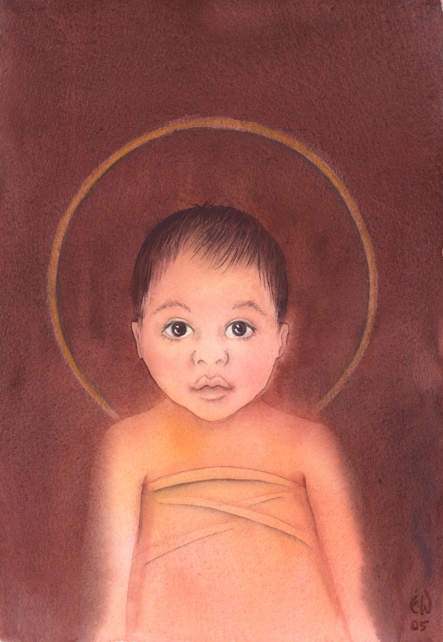 Jesus Kristus er sand Gud, som påtog sig vores menneskelige natur og havde ydmygheden og godheden til at komme iblandt os som et spædbarn, 2003 (w/c på papir) af Elizabeth Wang