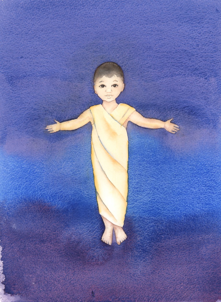 Jesus Kristus er sand Gud, som påtog sig vores menneskelige natur og havde ydmygheden og godheden til at komme iblandt os som et spædbarn, 2003 (w/c på papir) af Elizabeth Wang