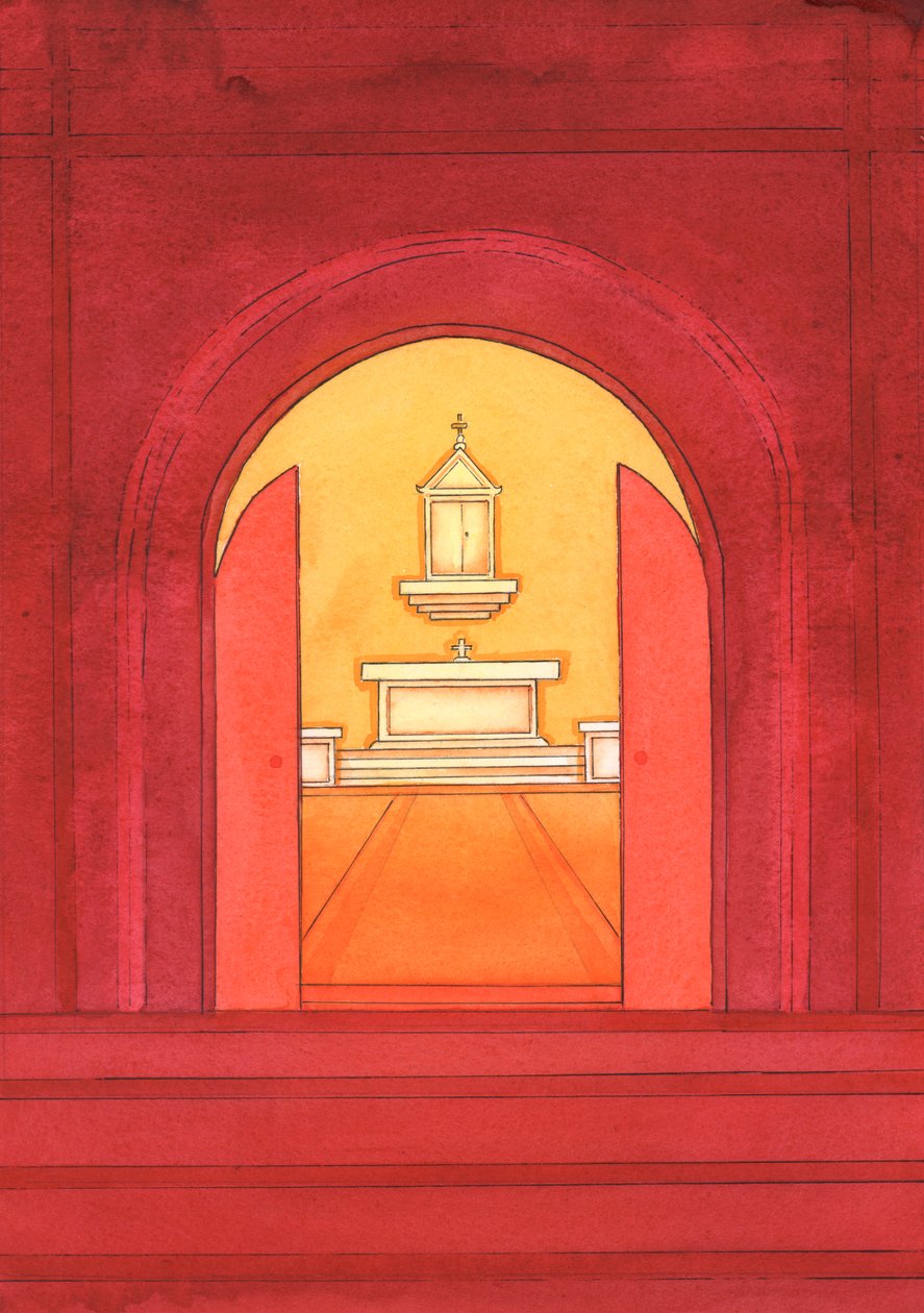 Jesus Kristus er virkelig til stede i det hellige sakramente i tabernaklet, 2004 (w/c på papir) af Elizabeth Wang