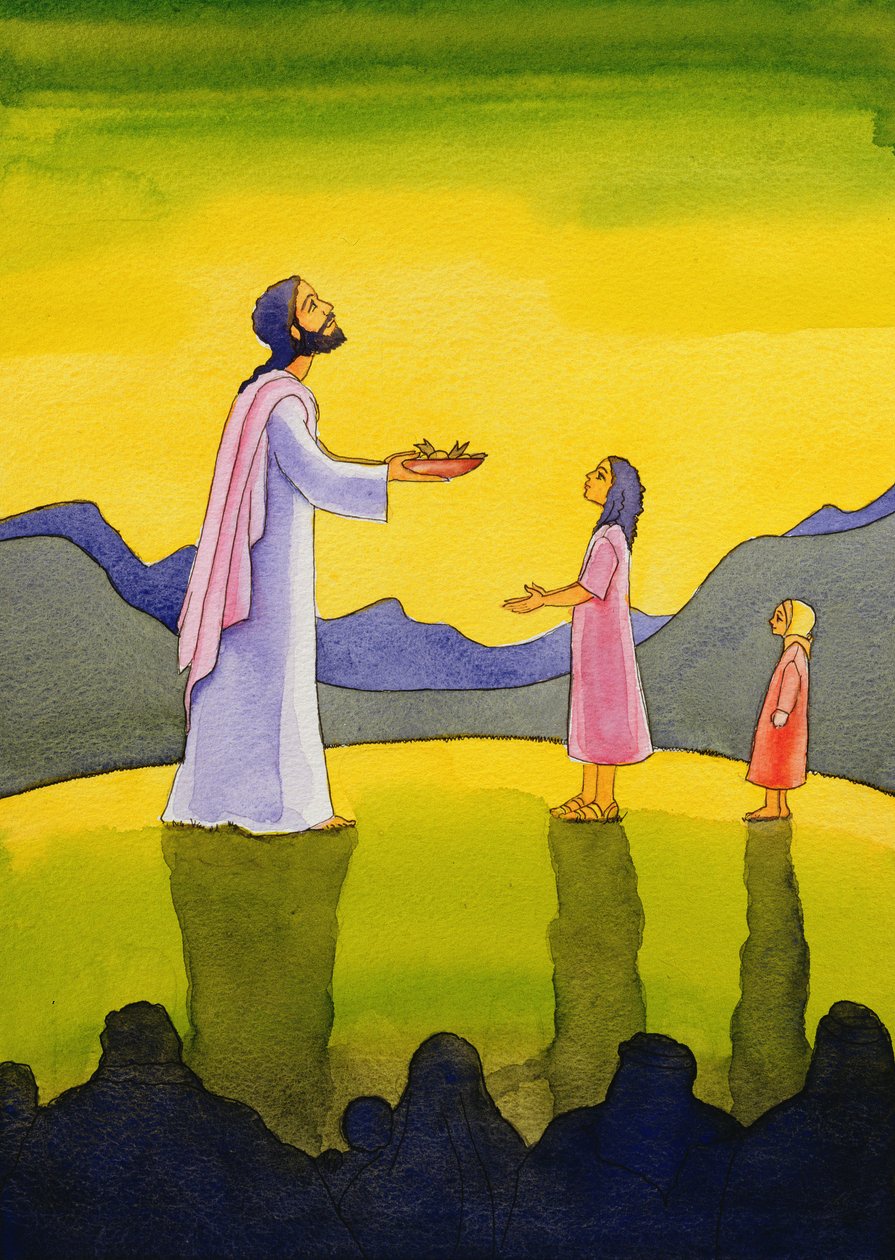 Jesus Kristus udfører miraklet med brødene og fiskene, 2004 (w/c på papir) af Elizabeth Wang