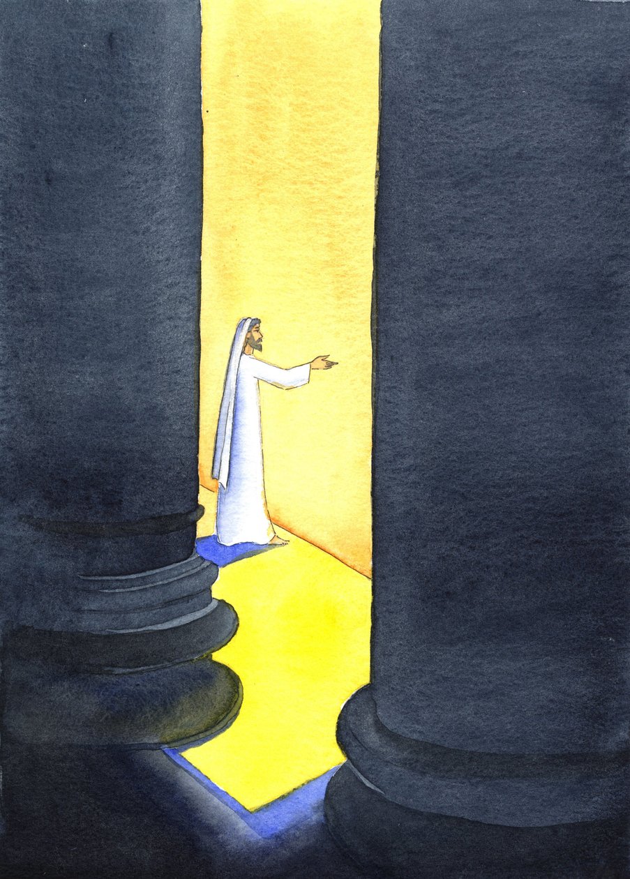 Jesus Kristus prædikede i templet, og folkemængderne hang på hans ord, 2001 (w/c på papir) af Elizabeth Wang