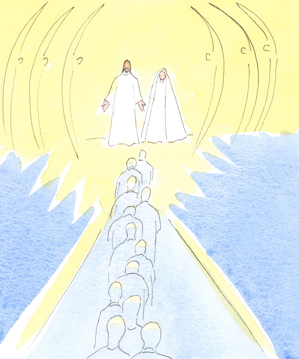 Jesus korsfæstet venter ved himlens port, med sin mor Maria og de hellige engle, 2000 (w/c på papir) af Elizabeth Wang