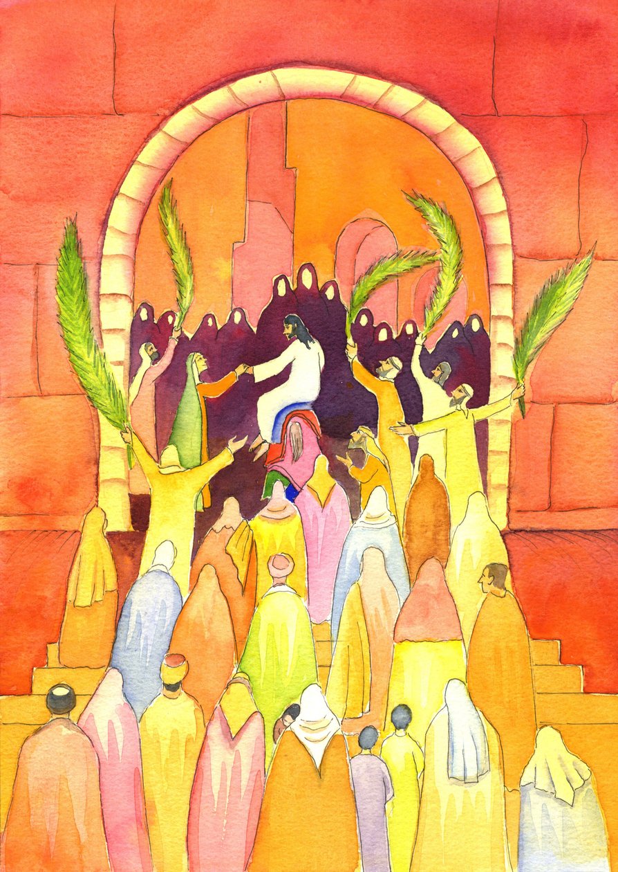 Jesus går ind i Jerusalem i procession (palmesøndag), 2001 (w/c på papir) af Elizabeth Wang