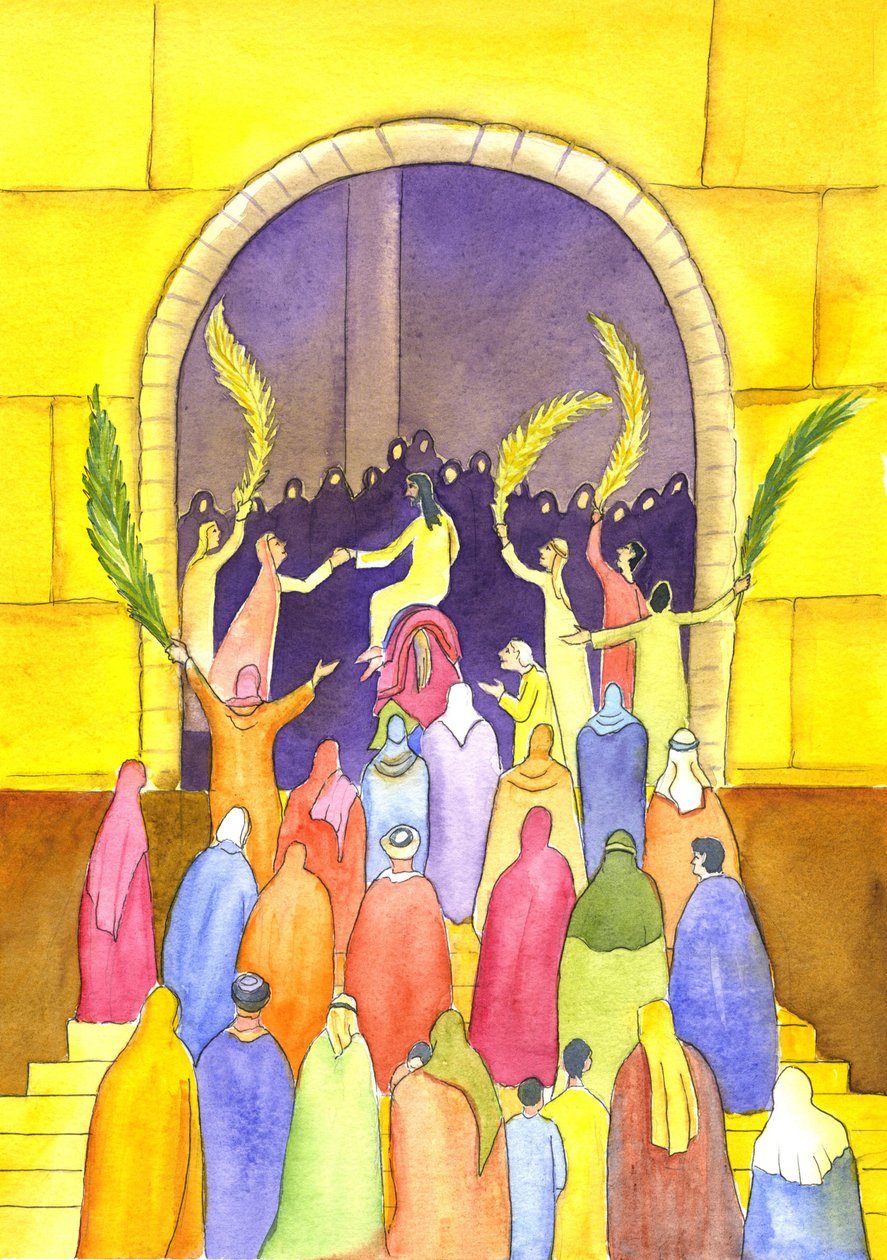 Jesus går ind i Jerusalem i procession (palmesøndag), 2001 (w/c på papir) af Elizabeth Wang
