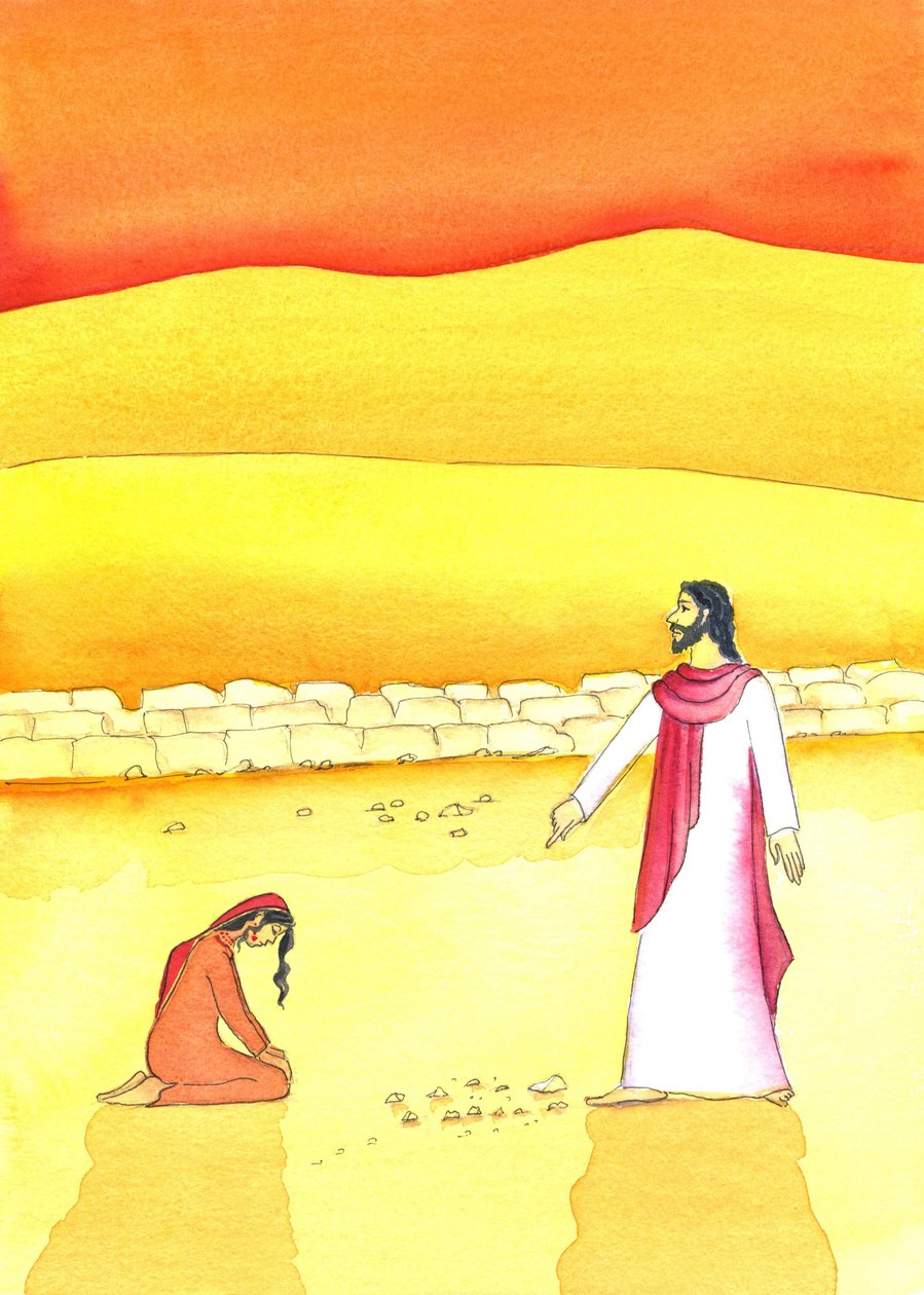 Jesus tilgiver kvinden taget i utroskab, 2006 (w/c på papir) af Elizabeth Wang