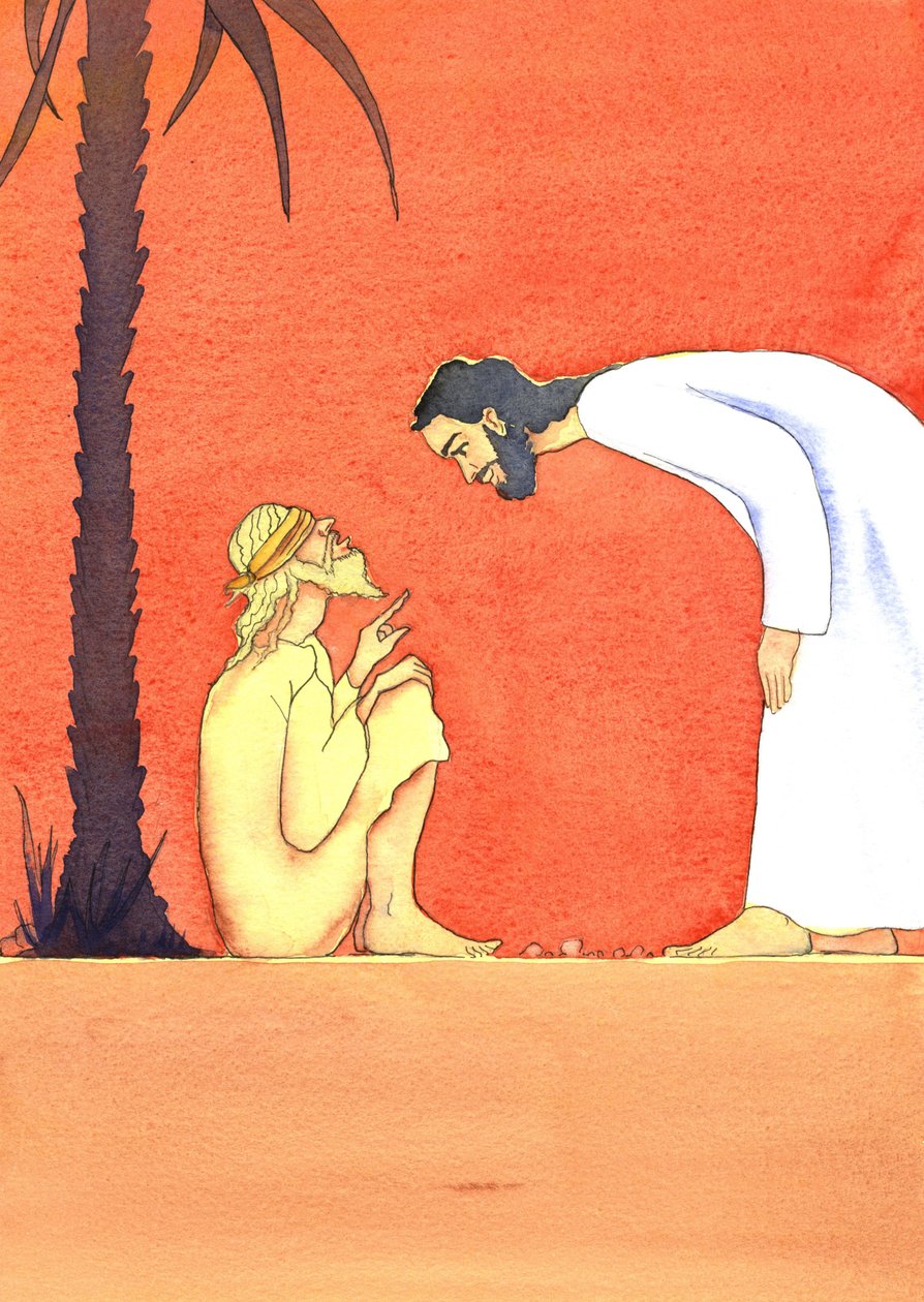 Jesus helbreder den blinde mand, 2001 (w/c på papir) af Elizabeth Wang