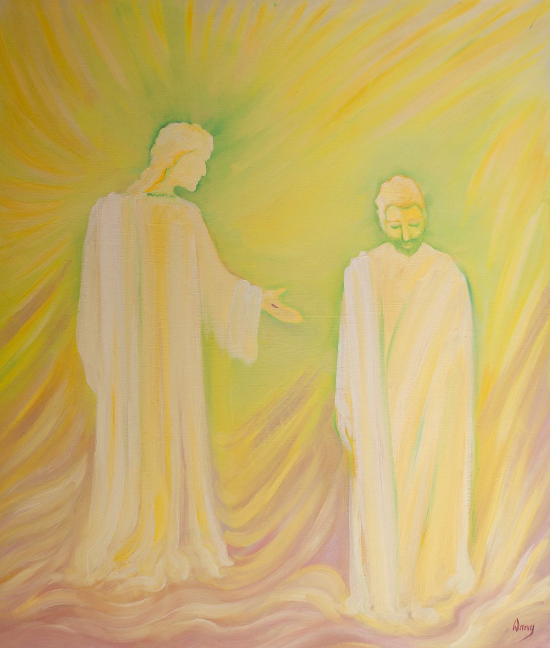 Jesus ærer Sankt Josef sin plejefar og beder os om at beundre hans dyder og bede om hans bønner, 2000 (olie om bord) af Elizabeth Wang