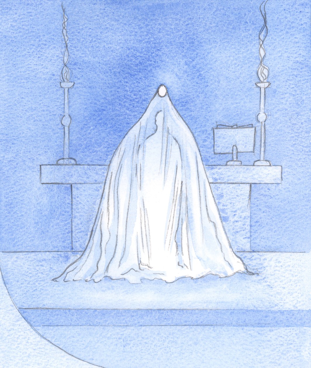 Jesus er Gud-med-os, ved indvielsen, og skjuler sin herlighed, men al den herlighed, der er skjult for os her, er her ofret til Faderen., 2001 (w/c på papir) af Elizabeth Wang