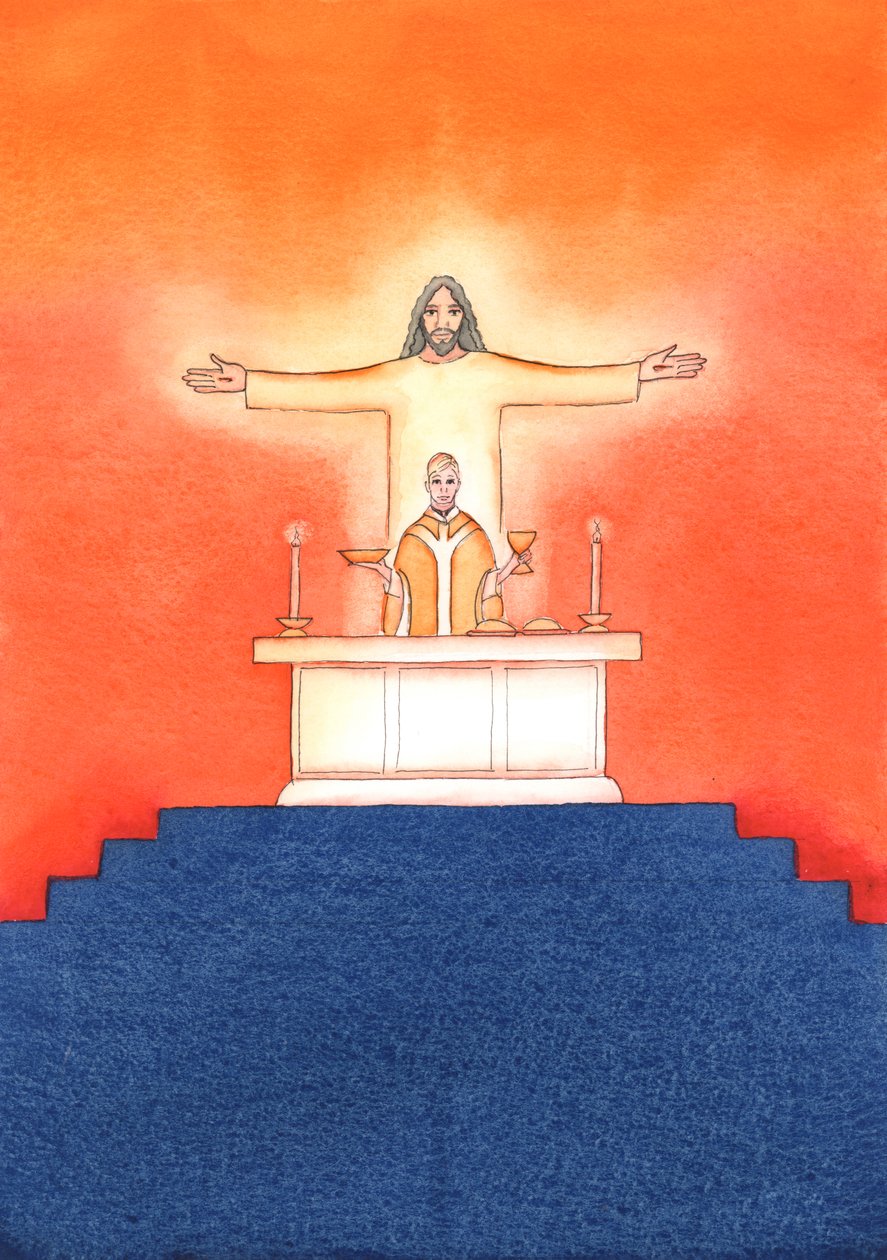 Jesus er til stede hos os ved messen og beder til Faderen på vores vegne, om hjælp til vores behov og om evig frelse. Vi kan forene alle vores bønner med hans store offerbøn, 2004 (w/c on pa af Elizabeth Wang