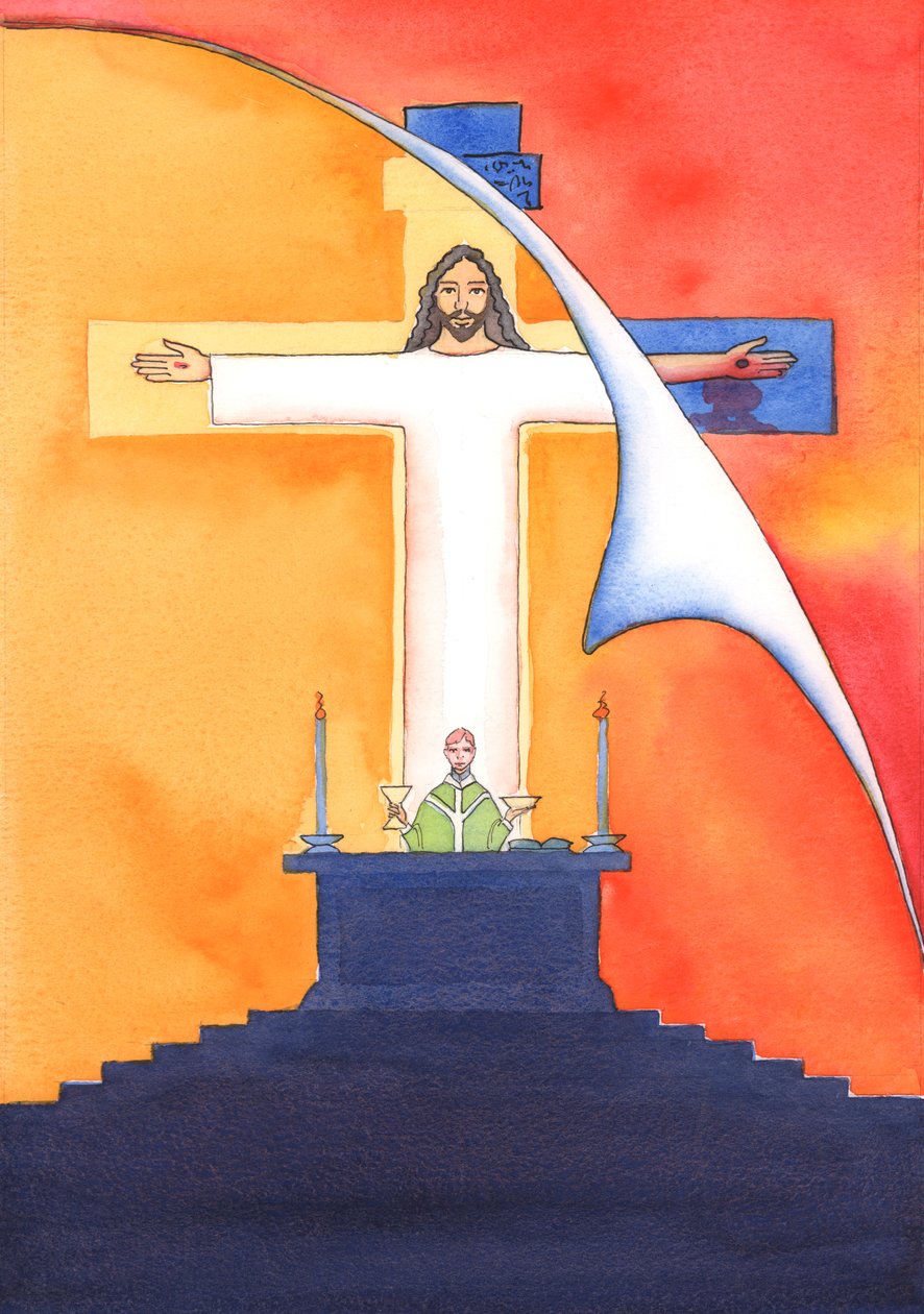 Jesus er til stede hos os ved messen og beder til Faderen på vores vegne, om hjælp til vores behov og om evig frelse. Vi kan forene alle vores bønner med hans store offerbøn, 2004 (w/c on pa af Elizabeth Wang