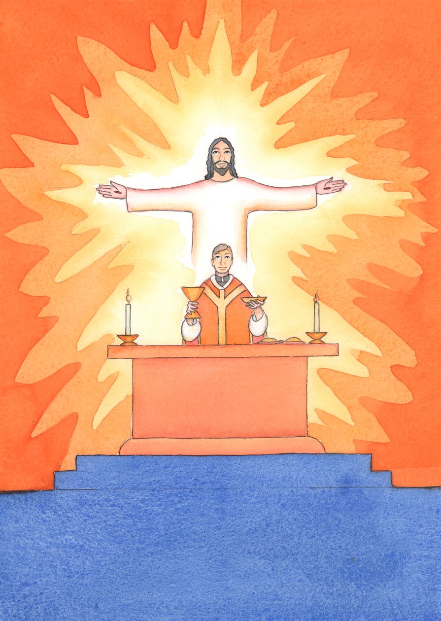 Jesus er til stede hos os ved messen og beder til Faderen på vores vegne, om hjælp til vores behov og om evig frelse. Vi kan forene alle vores bønner med hans store offerbøn, 2004 (w/c on pa af Elizabeth Wang
