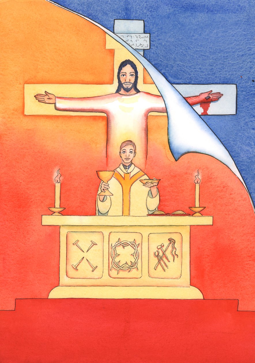 Jesus er til stede hos os ved messen og beder til Faderen på vores vegne, om hjælp til vores behov og om evig frelse. Vi kan forene alle vores bønner med hans store offerbøn, 2004 (w/c on pa af Elizabeth Wang