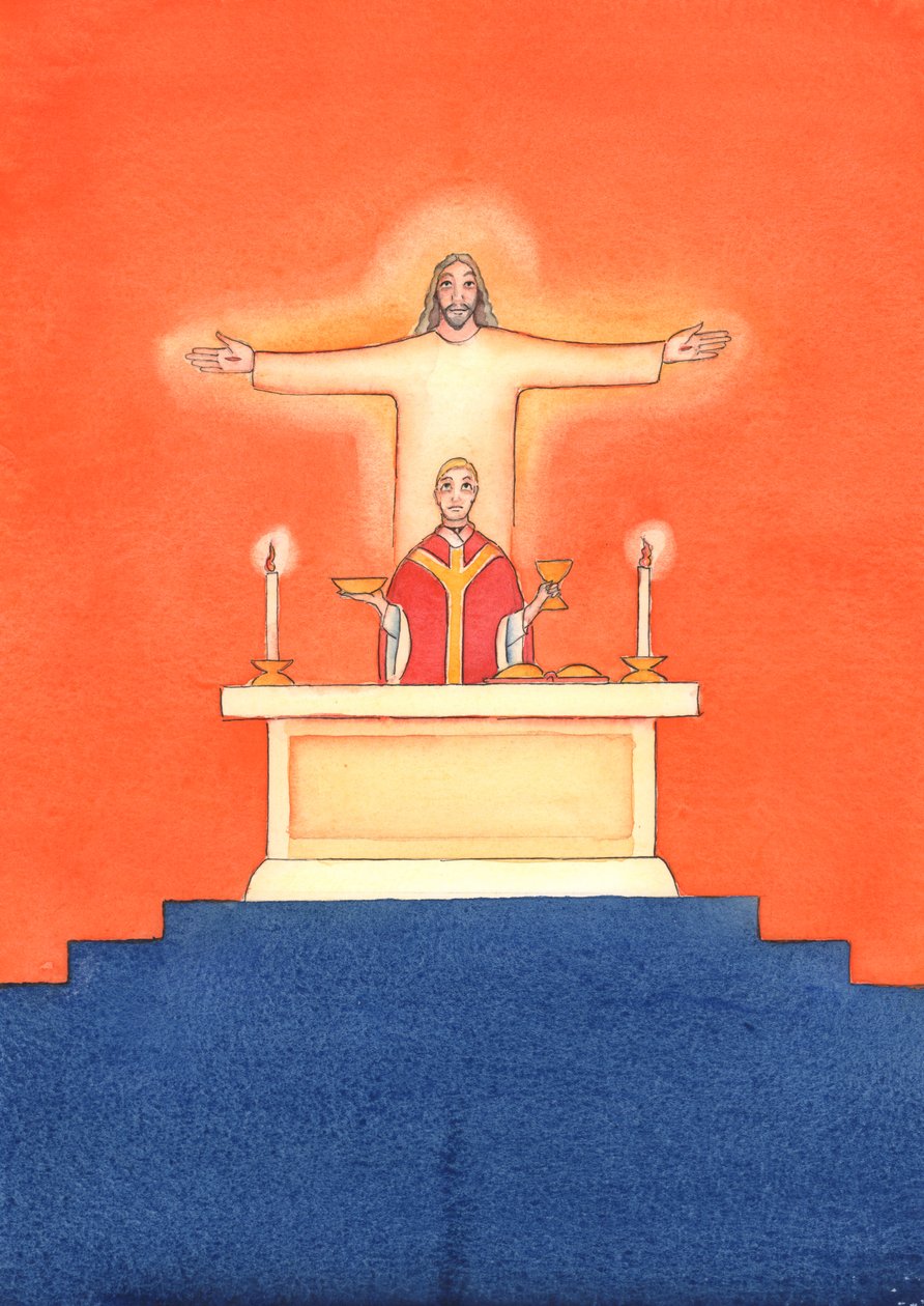 Jesus er til stede hos os ved messen og beder til Faderen på vores vegne, om hjælp til vores behov og om evig frelse. Vi kan forene alle vores bønner med hans store offerbøn, 2004 (w/c on pa af Elizabeth Wang
