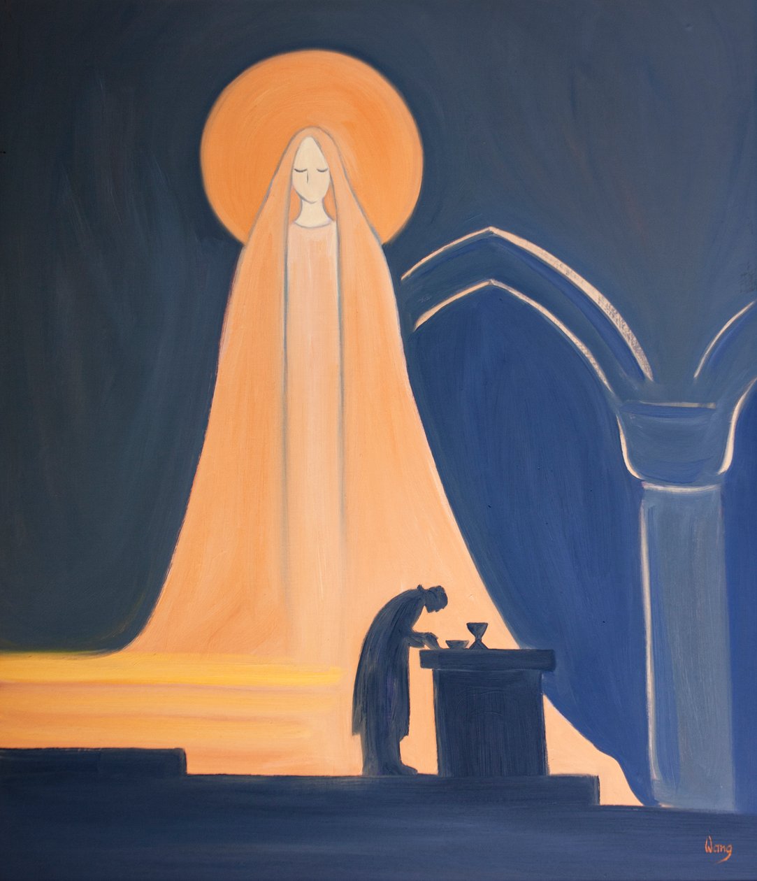 Jesus er i sandhed Marias søn; alt, hvad han har, i sin hellige menneskelighed, kommer fra Hans Hellige Moder, 2000 (olie om bord) af Elizabeth Wang