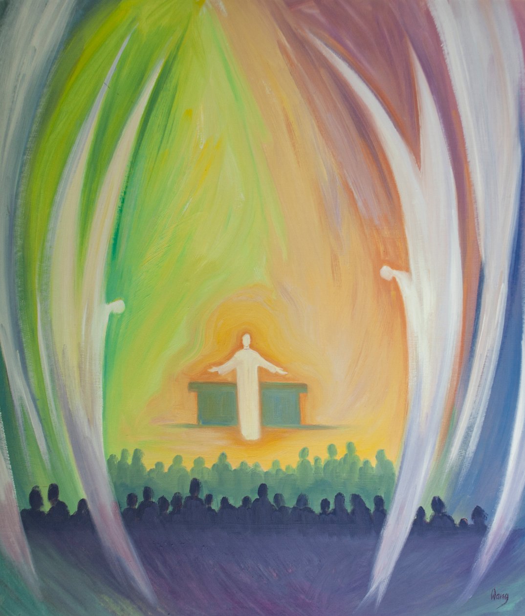 Jesus er virkelig til stede hos os i messen, forgudet af englene, 2000 (olie om bord) af Elizabeth Wang
