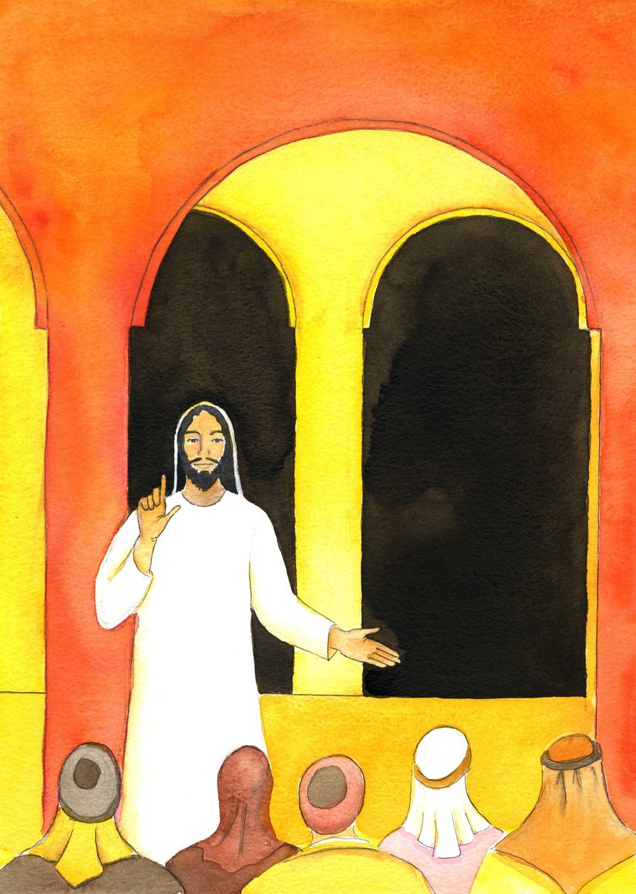 Jesus prædikede i templet, talte sandt og gjorde nogle mennesker vrede, som derefter planlagde at skade ham, 2001 (w/c på papir) af Elizabeth Wang