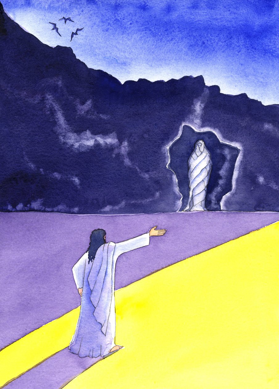 Jesus vækker Lazarus til live, 2001 (w/c på papir) af Elizabeth Wang