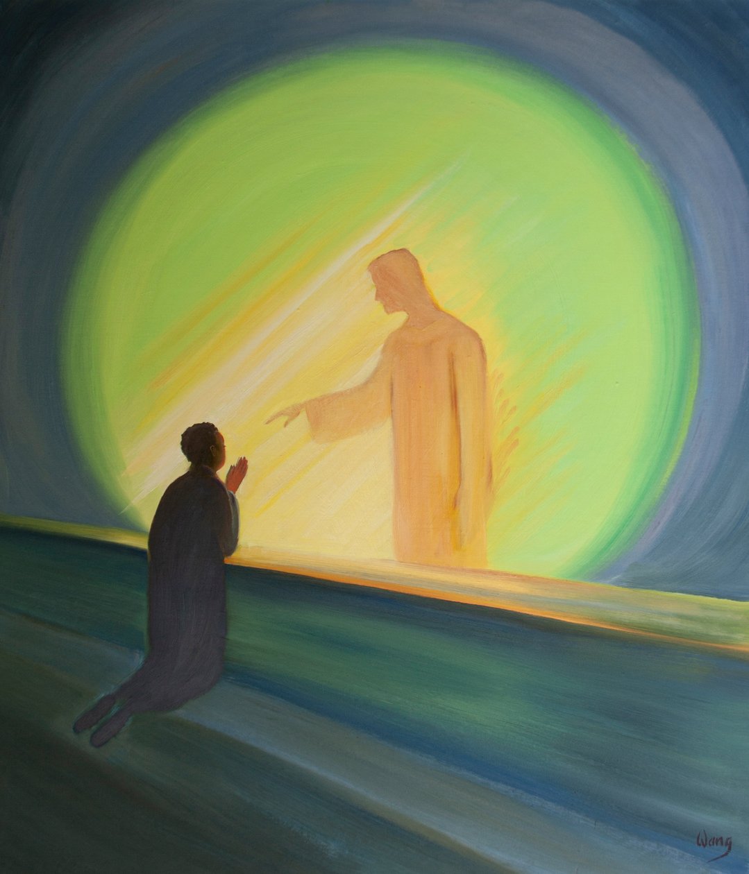 Jesus rækker ud til os i nadveren for at lette vores byrder og give os glæde, 2000 (olie om bord) af Elizabeth Wang