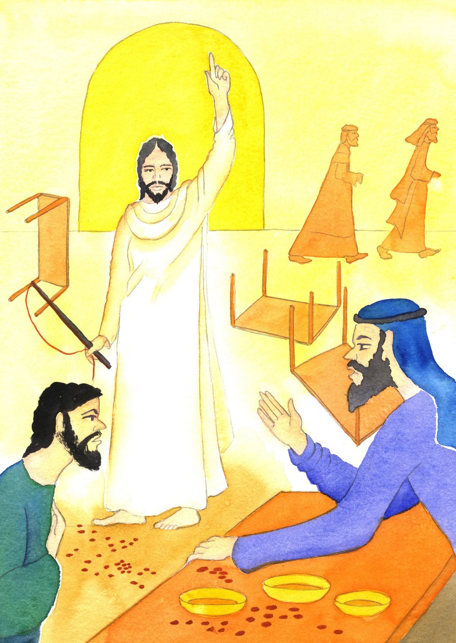 Jesus siger til pengevekslerne i templet: Står der ikke skrevet: "Mit hus skal kaldes et bedehus for alle folkeslagene?", 2001 (w/c på papir) af Elizabeth Wang
