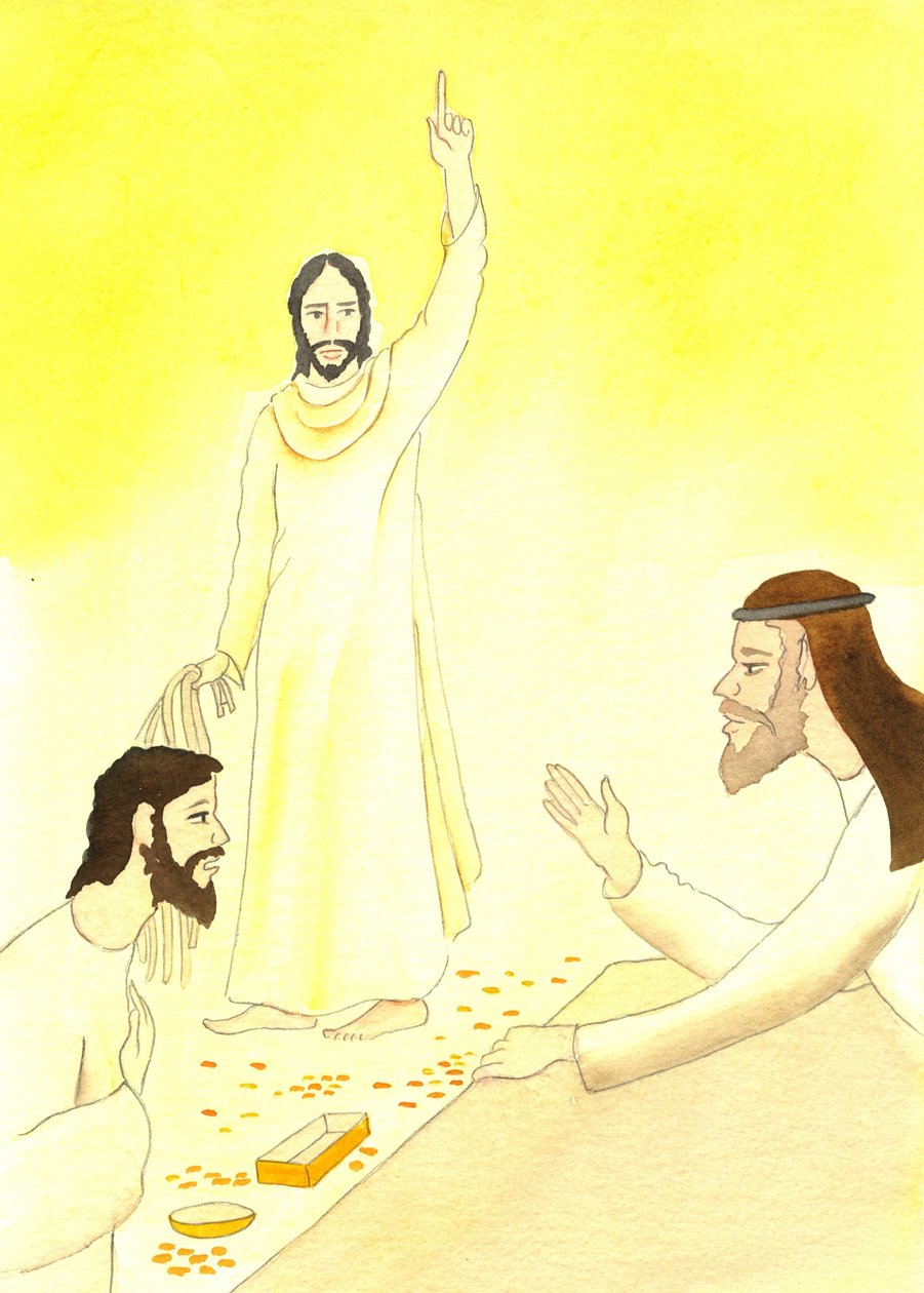 Jesus siger til pengevekslerne i templet: Står der ikke skrevet: "Mit hus skal kaldes et bedehus for alle folkeslagene?", 2001 (w/c på papir) af Elizabeth Wang