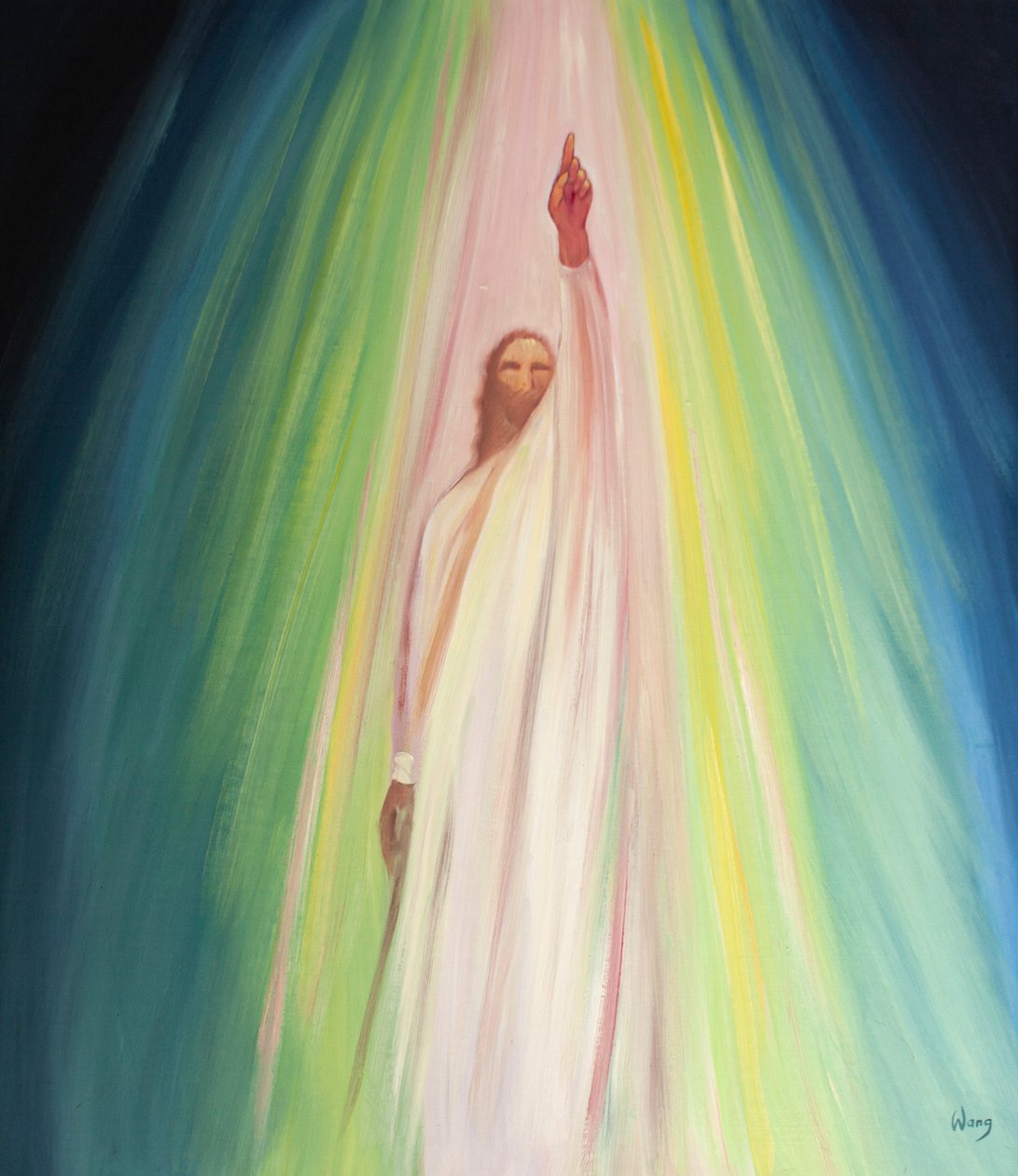 Jesus opfordrer os til at komme nærmere Faderen og rette vores bønner til ham, 2001 (olie om bord) af Elizabeth Wang