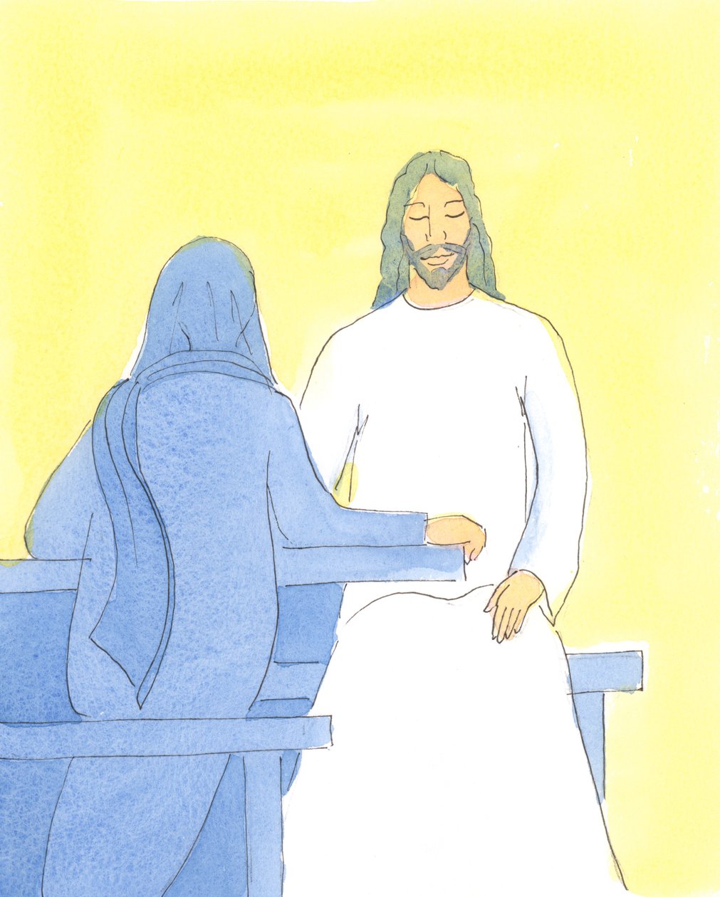 Jesus blev forfrisket og glad ved at sidde med sine venner i Betania, i en kærkommen stilhed, 2004 (w/c på papir) af Elizabeth Wang