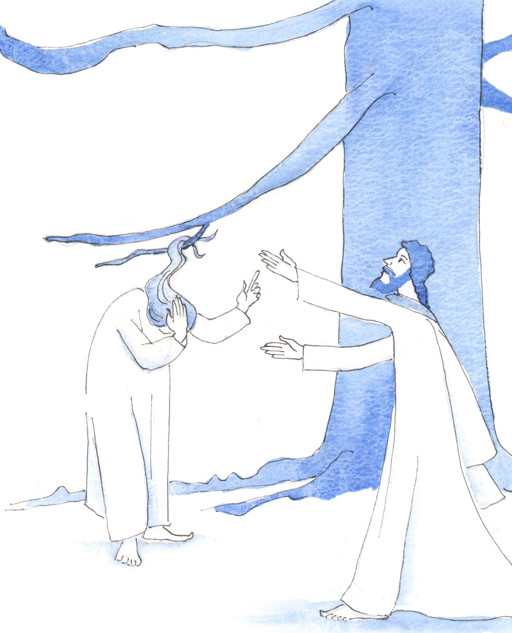 Jesus ville være den første til at hjælpe en ven i nød, 2005 (akvarel på papir) af Elizabeth Wang