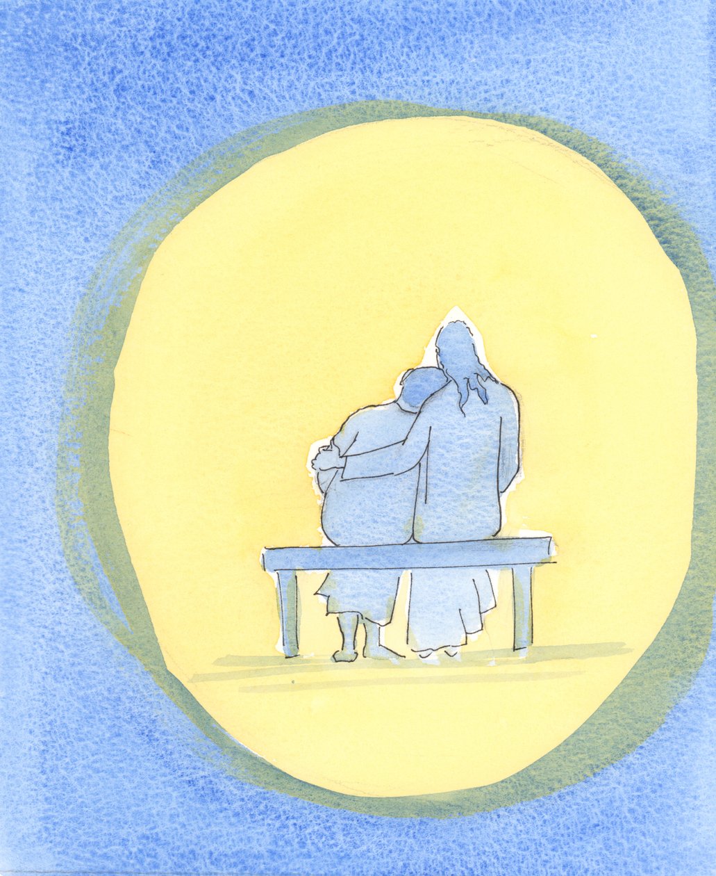 Jesu kærlighed er personlig, øm og uforanderlig; han er altid til stede hos os, især i det hellige sakramente, og trøster os med sit nærvær., 2003 (w/c på papir) af Elizabeth Wang