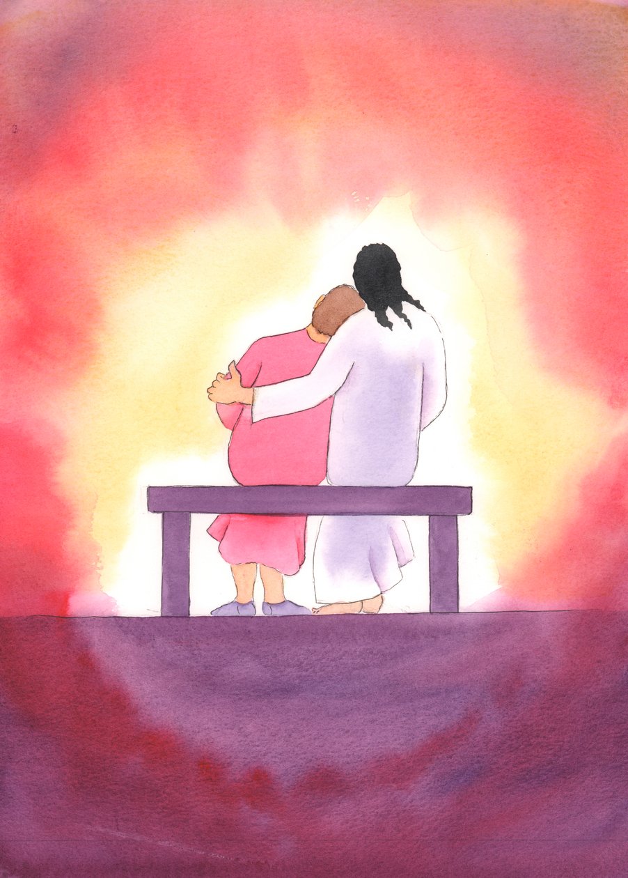 Jesu kærlighed er personlig, øm og uforanderlig; han er altid til stede hos os, især i det hellige sakramente, og trøster os med sit nærvær., 2003 (w/c på papir) af Elizabeth Wang