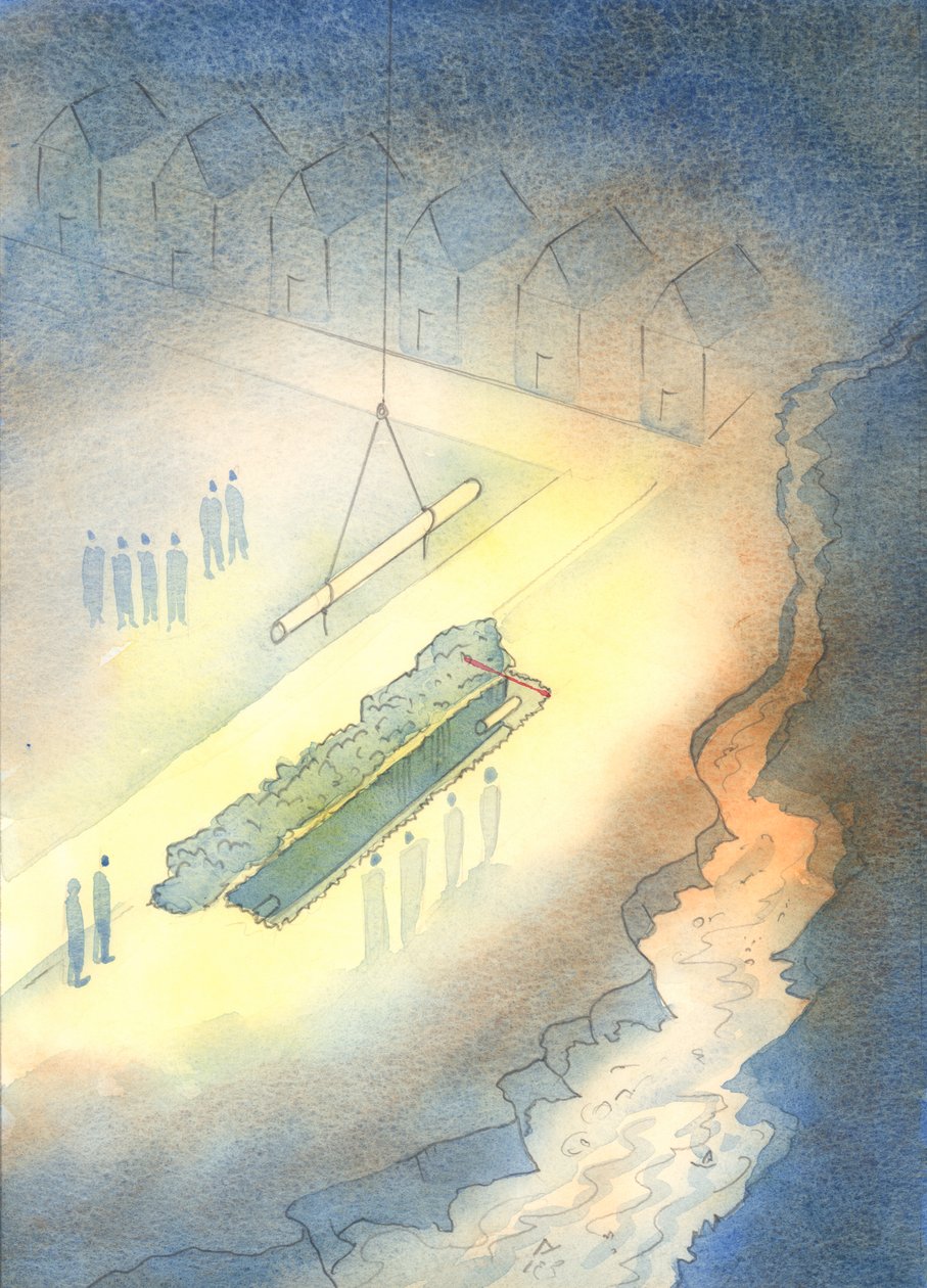 Ligesom det er meningsløst at installere spildevandsrør, hvis en åben kloak får lov at forblive i nærheden, 2003 (w/c på papir) af Elizabeth Wang