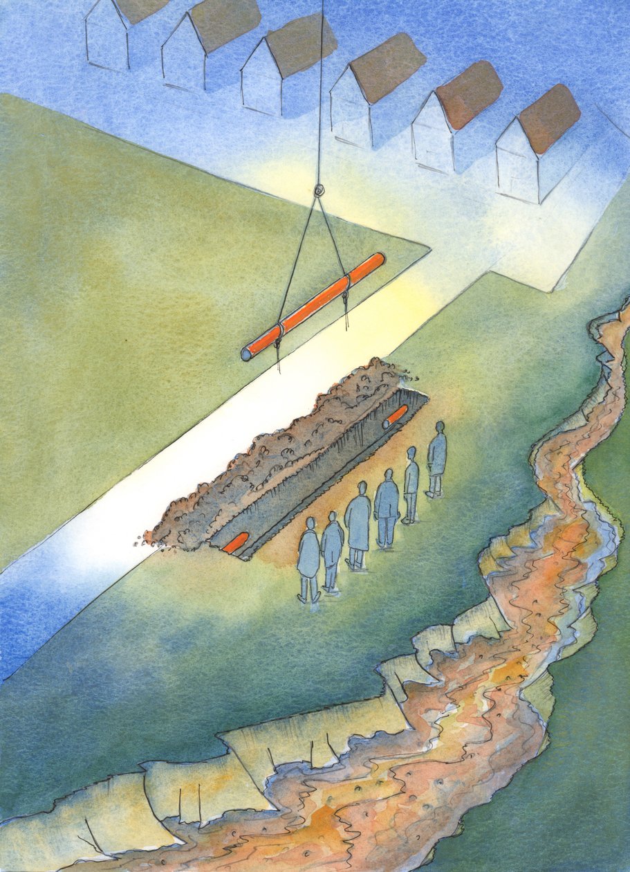 Ligesom det er meningsløst at installere spildevandsrør, hvis en åben kloak får lov at forblive i nærheden, 2003 (w/c på papir) af Elizabeth Wang