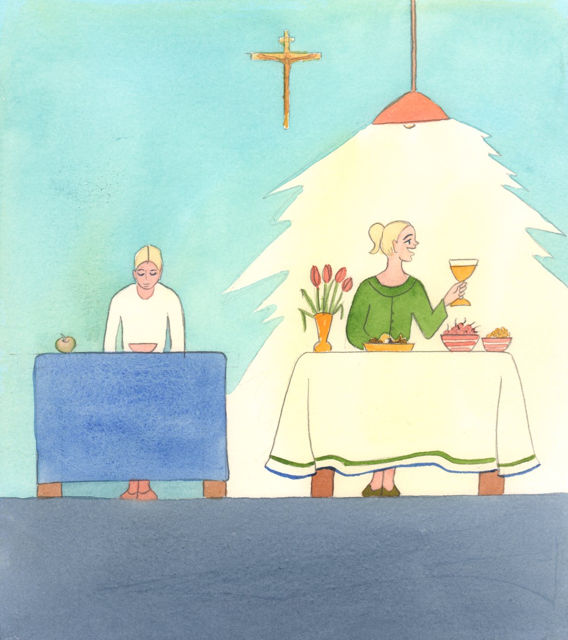 Livet i Kristus indebærer både faste og fest. Vi skal elske det gode, men være parate til at ofre det, når det er nødvendigt, for et endnu større gode, som er Gud, 2005 (akvarel på papir) af Elizabeth Wang