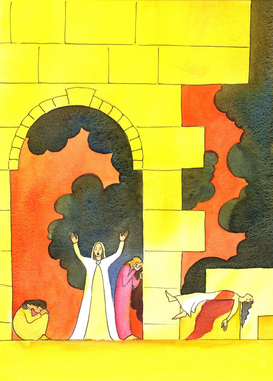 Mange år før Kristus blev født, blev Jerusalem invaderet, og det hellige tempel vanhelliget og ødelagt, til folkets rædsel, 2001 (w/c på papir) af Elizabeth Wang