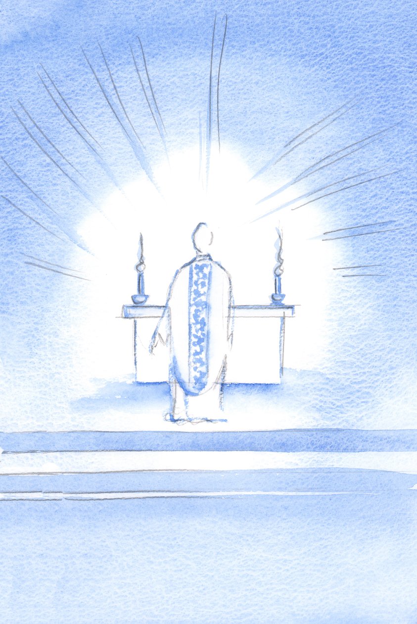 På besøgsfesten dukkede Kristus op, iført en gylden kasubel til ære for sin Hellige Moder Maria, 2002 (w/c på papir) af Elizabeth Wang