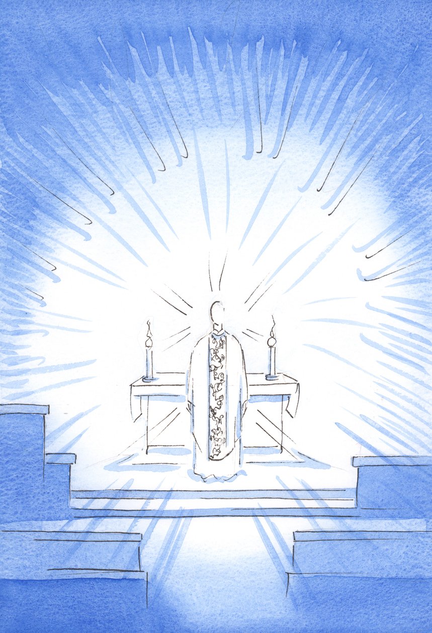 På besøgsfesten dukkede Kristus op, iført en gylden kasubel til ære for sin Hellige Moder Maria, 2002 (w/c på papir) af Elizabeth Wang