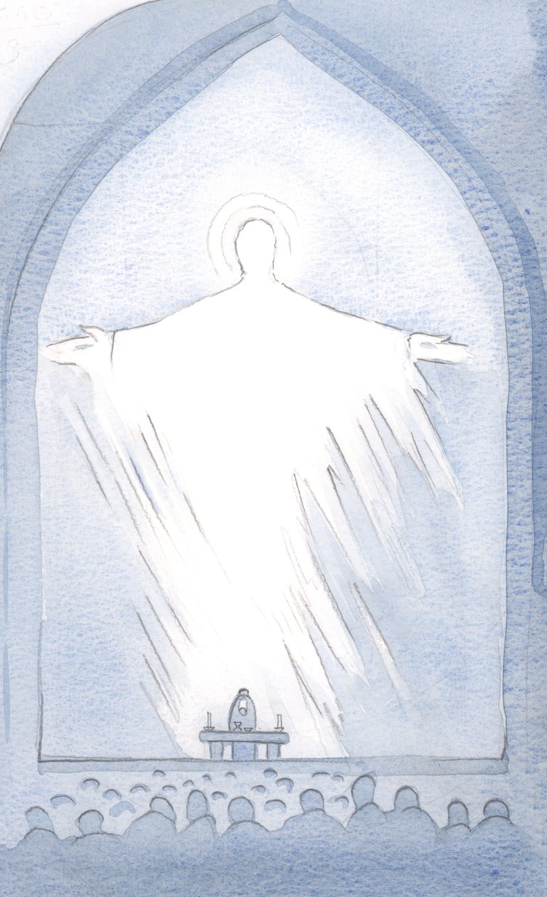En dag, ved indvielsen, fyldte Kristi nærvær helligdommen, i herlighed, 2000 (w/c på papir) af Elizabeth Wang