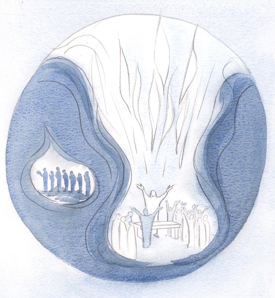 Et ord bedt i forening med Jesus, opstået fra sjælen, gennemborer himlen på en måde, der er umulig for dem, der ikke beder i hans navn., 2000 (w/c på papir) af Elizabeth Wang