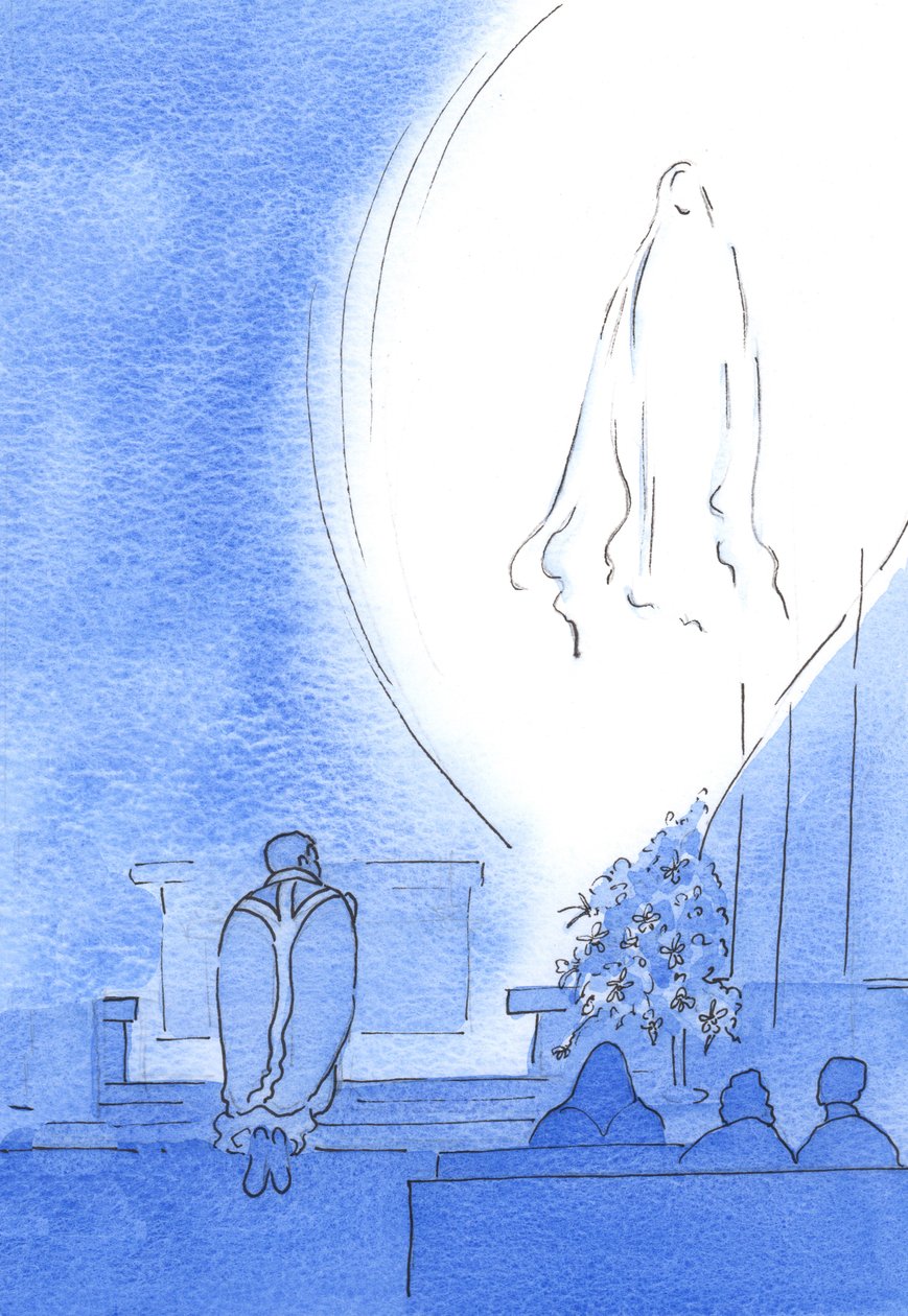 Vor Velsignede Frue dukkede op i et strålende lys tæt ved os og glædede os over vores hengivenhed, mens vi alle bad rosenkransen, i maj 2003 (w/c på papir) af Elizabeth Wang
