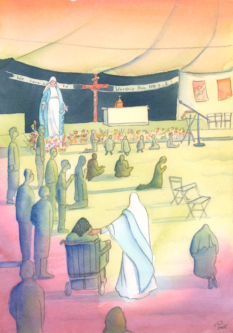 Vor Frue kommer for at være med os, når vi tilbeder Gud og ærer hende, 2004 (w/c på papir) af Elizabeth Wang
