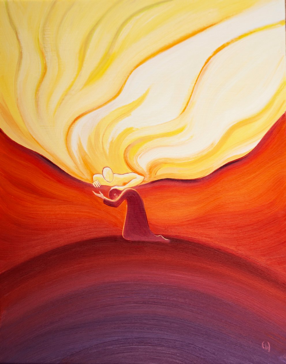 Vores mindste bønner bliver budt velkommen, hørt og belønnet af Gud, der er som en far, der stryger sit elskede barn, 2001 (olie om bord) af Elizabeth Wang