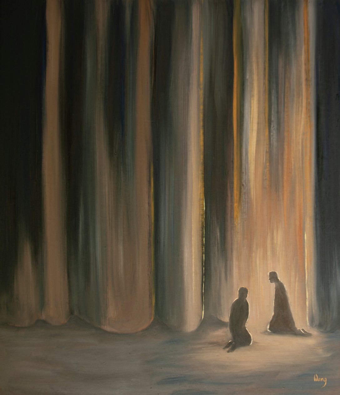 Vores bønner, selv i mørke, forener os med Jesus, som forbereder os til den himmelske herlighed, der ligger bag forhænget, 2001 (olie om bord) af Elizabeth Wang