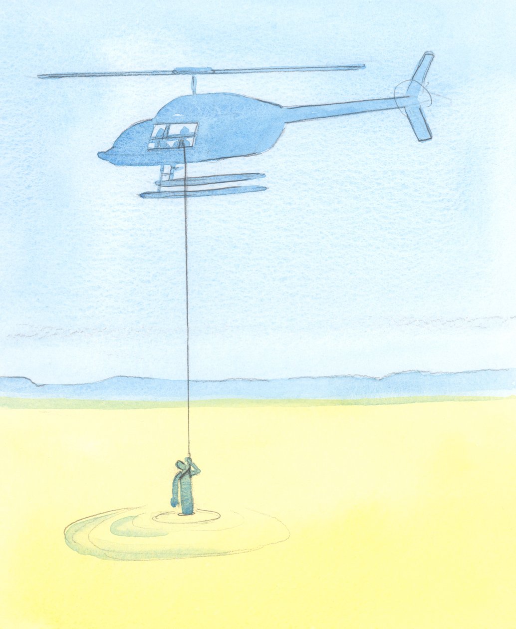 Folk bliver hjulpet af vores forbøn for dem i bøn, lige så sikkert som en desperat person fanget i et kviksand bliver hjulpet af venner, der vinker ham i sikkerhed fra en helikopter, 2003 (w/c på papir) af Elizabeth Wang