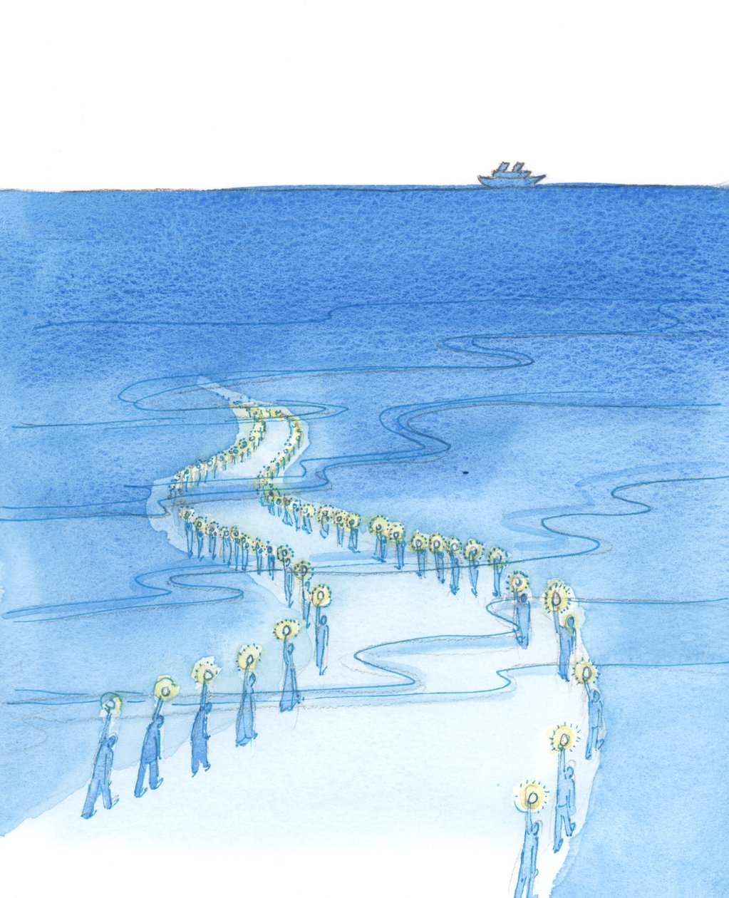 Mennesker, der dør, mens de beder (som dem, der døde, da de bad rosenkransen på Titanic), marcherer langs en vej, der ser ud til at føre til mørke, 2002 (w/c på papir) af Elizabeth Wang