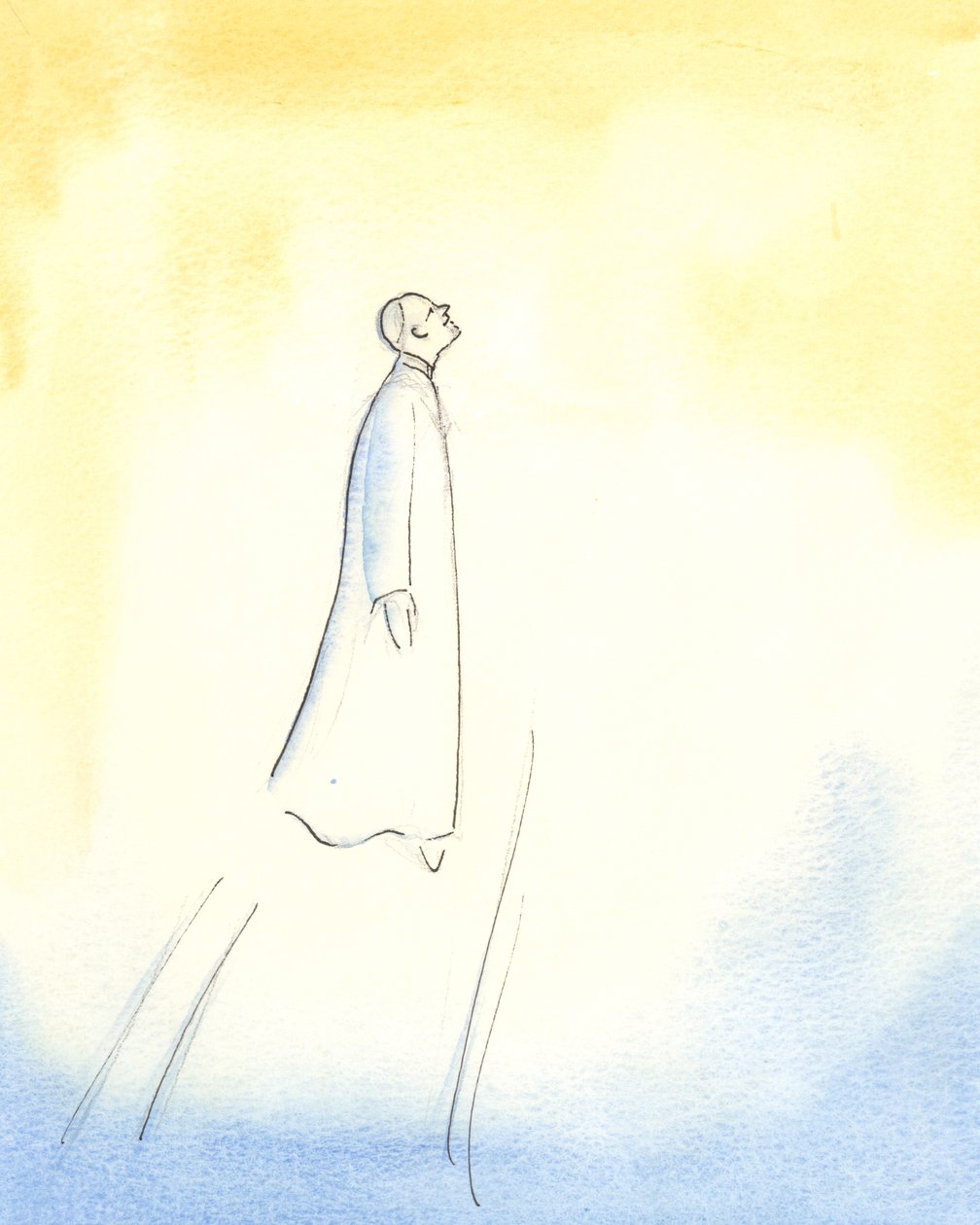 Pave Johannes Paul II svæver i det høje, efter sin død, og fortsætter hurtigt ind i Himlen, så fuldstændig var hans forening med Gud, og så stor hans hellighed, enkelhed og renhed., 2006 (w/c på papir) af Elizabeth Wang