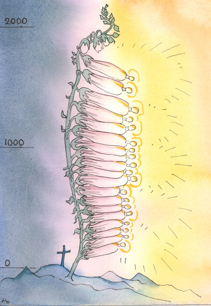 Kirken sætter levende skud af hellighed ud for at blomstre i enhver tidsalder, 2003 (w/c på papir) af Elizabeth Wang
