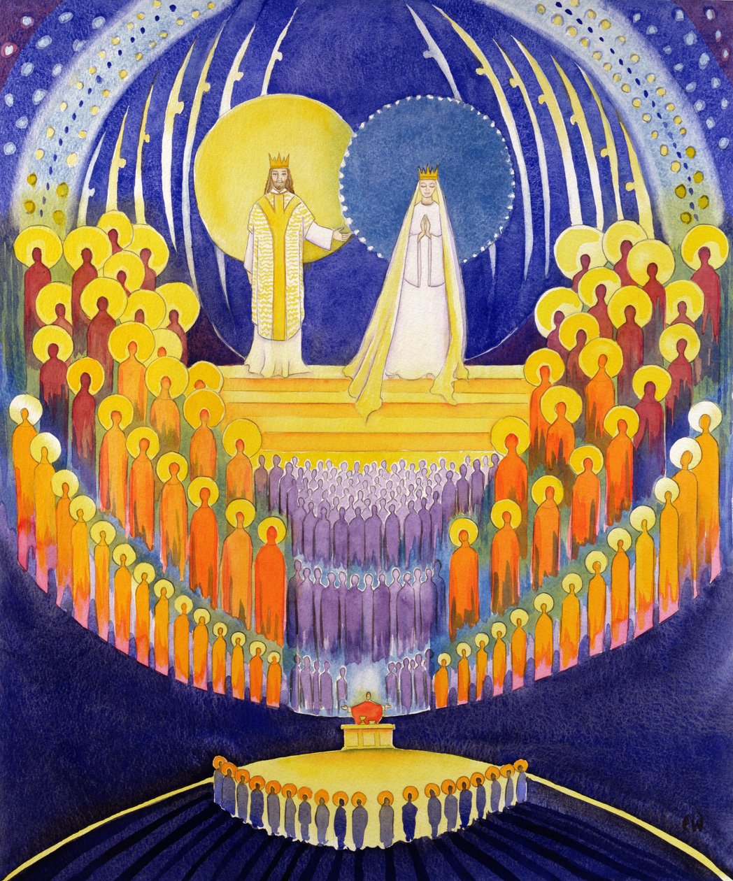 Jomfru Marias kroning og alle de helliges herlighed, 2003 (w/c på papir) af Elizabeth Wang