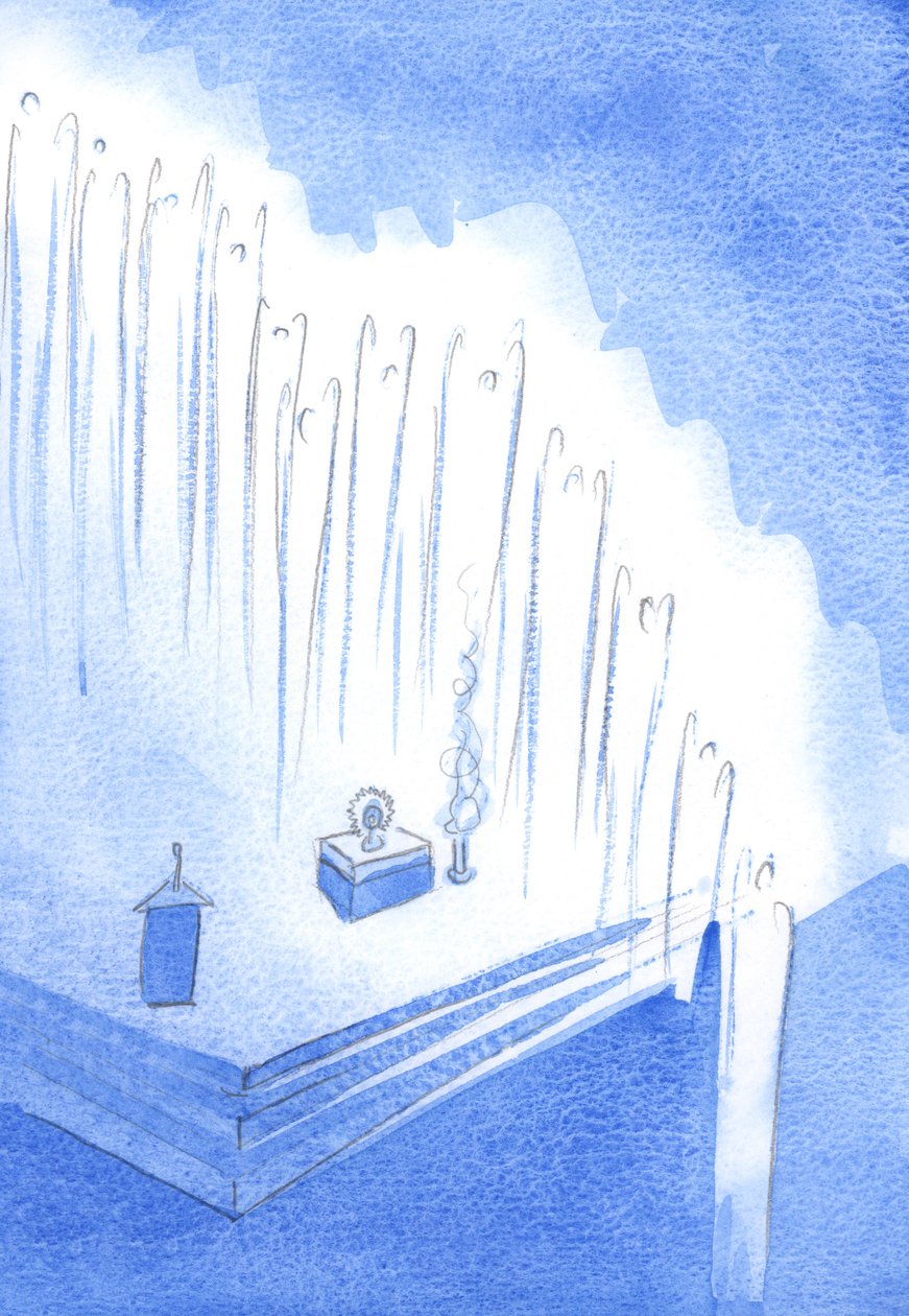 De hellige engle dannede en æresvagt fra kirkens højder - i stille tilbedelse af Kristus, ved Exposition, 2002 (w/c på papir) af Elizabeth Wang