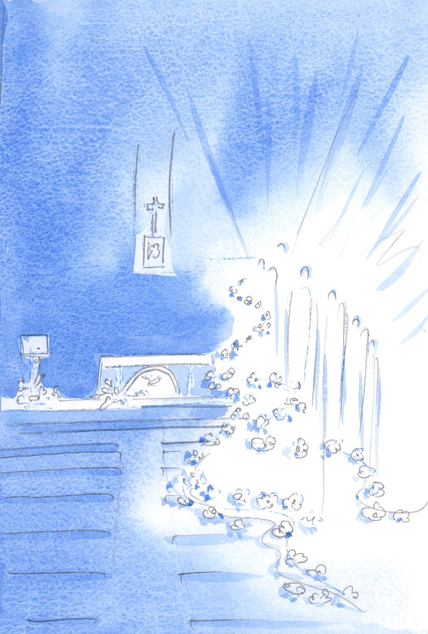 De hellige engle var til stede: og dekorerede kirken med guirlander, der viste himlens glæde ved en ordination, 2002 (w/c på papir) af Elizabeth Wang