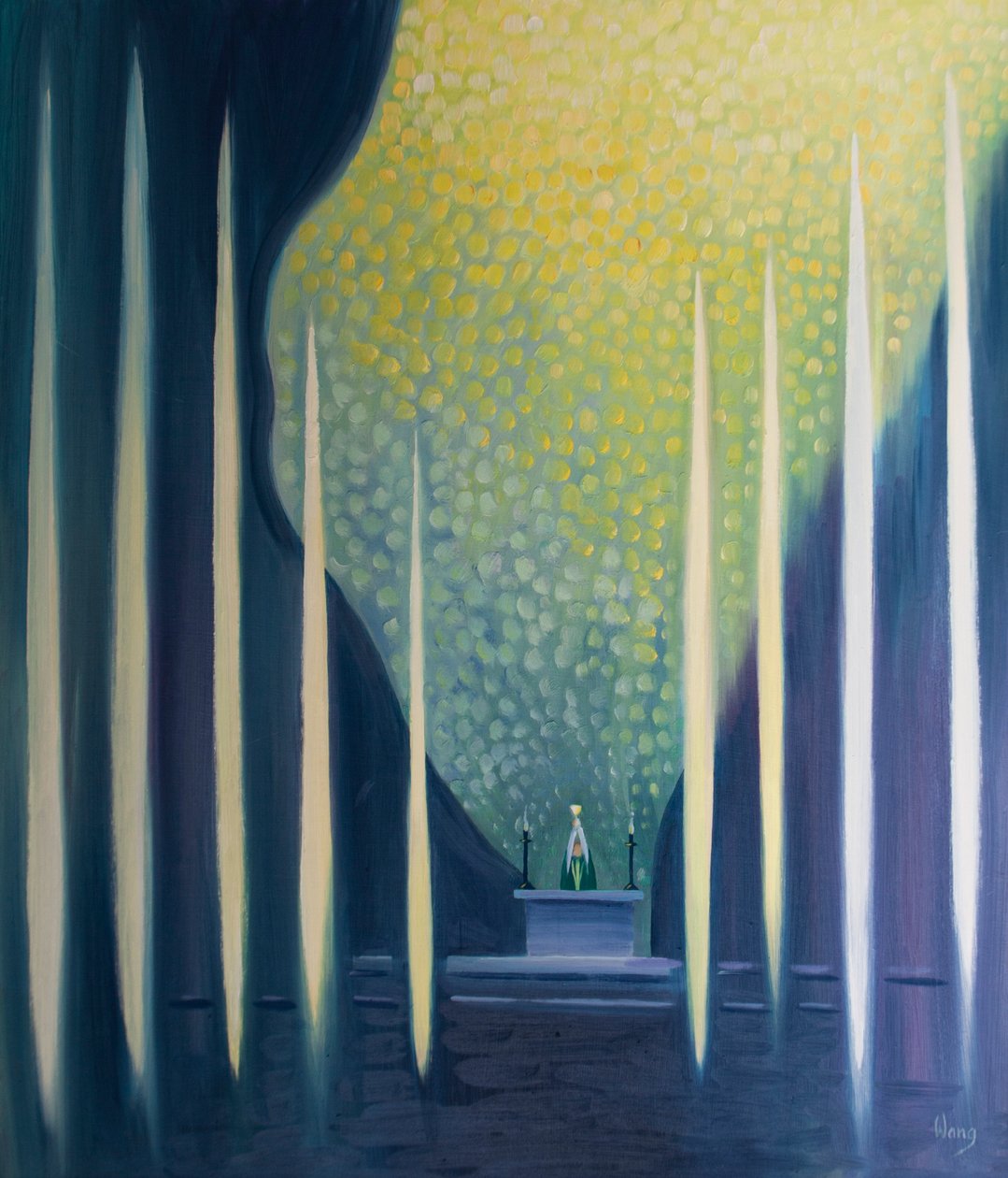 De hellige sjæle, sammen med englene, tilbeder med os ved messen, 2001 (olie om bord) af Elizabeth Wang